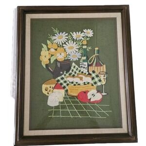 Vintage Picnic Floral Fruit Daisy Needlepoint Crewel MCM Completed Wall Unframed
